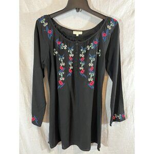 O Pi Women’s Medium Black Embroidered Rayon Linen Tunic Blouse